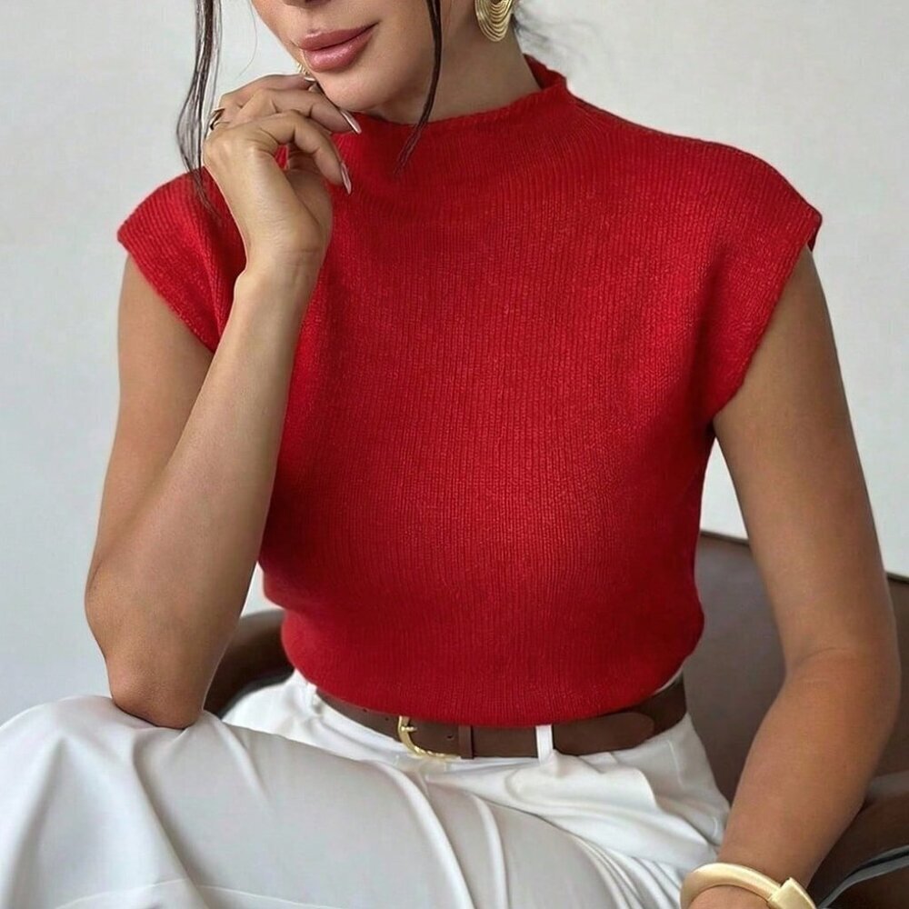 Red Casual Elegant Women's High Neck Knit Sleeveless Sweater Vest - Picture 3 of 7